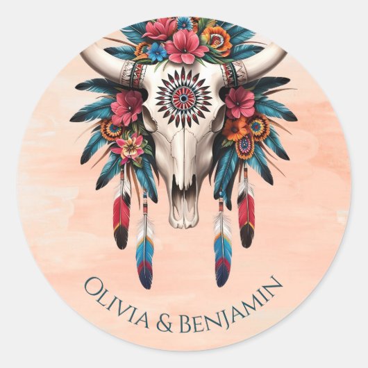 Boho Tribal Waterverf Bloemen Koe Schedel Huwelijk Ronde Sticker (Voorkant)