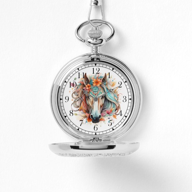 Boho Tribal Waterverf Paard Stijlvolle Chique Vrou Horloge (Voorkant)