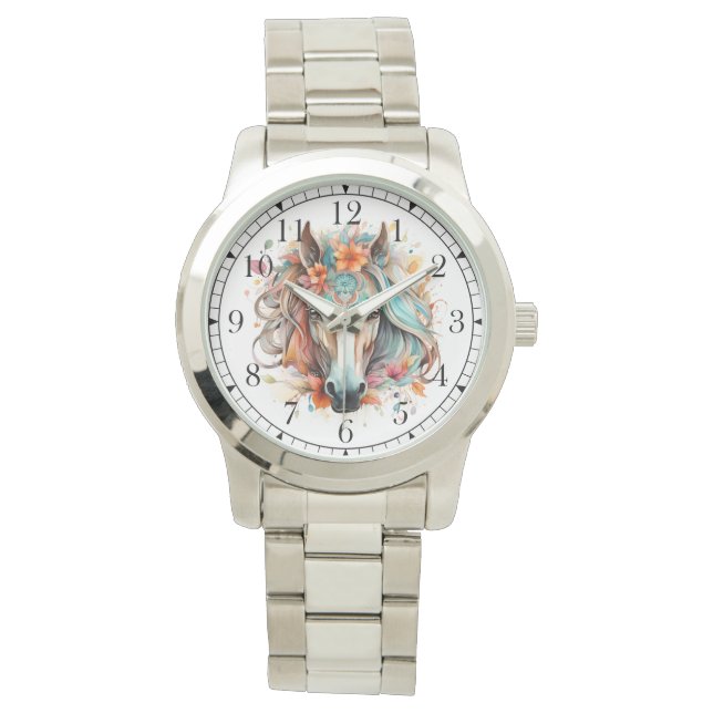 Boho Tribal Waterverf Paard Stijlvolle Chique Vrou Horloge (Voorkant)