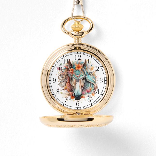 Boho Tribal Waterverf Paard Stijlvolle Chique Vrou Horloge (Voorkant)