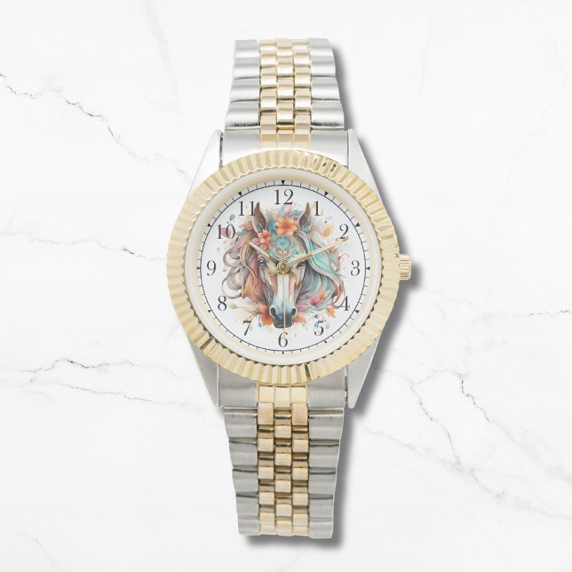 Boho Tribal Waterverf Paard Stijlvolle Chique Vrou Horloge (Creator heeft geüpload)