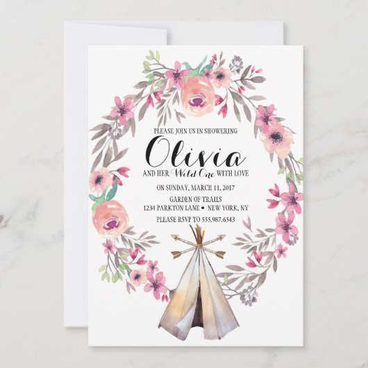 Boho Tribale Baby Shower Uitnodiging Bloem Teepee (Voorkant)