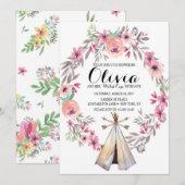 Boho Tribale Baby Shower Uitnodiging Bloem Teepee (Voorkant / Achterkant)