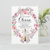 Boho Tribale Baby Shower Uitnodiging Bloemen Teepe (Staand voorkant)