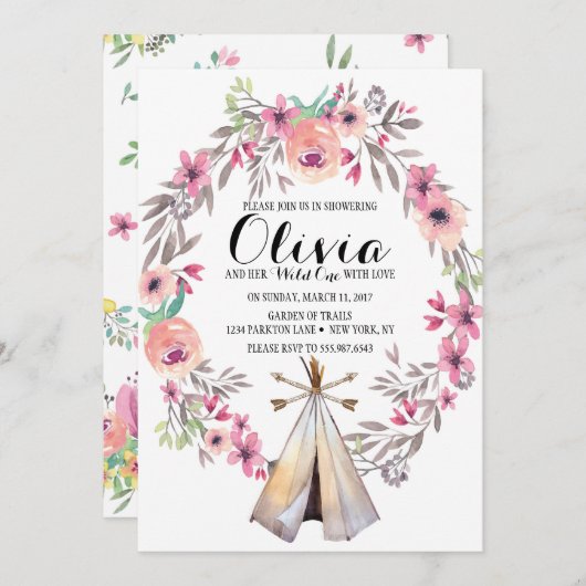 Boho Tribale Baby Shower Uitnodiging Bloemrijke Te (Voorkant / Achterkant)