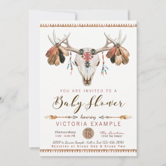Boho Tribale Herten Schedel Baby Shower Uitnodigin Kaart (Voorkant)