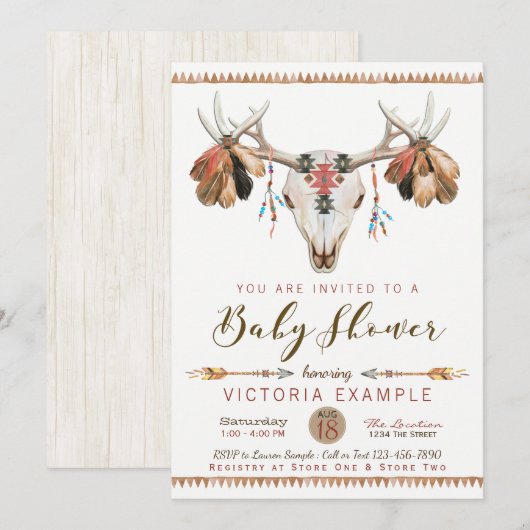 Boho Tribale Herten Schedel Baby Shower Uitnodigin Kaart (Voorkant / Achterkant)