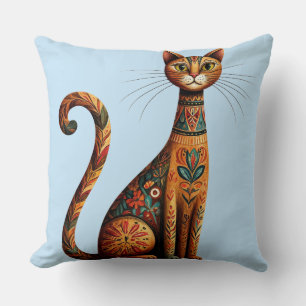 Boho Tribale Kat Cute Folk Art met Bloemen Kussen