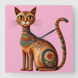 Boho Tribale Kat Cute Folk Art met Bloemen Vierkante Klok