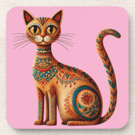 Boho Tribale Kat Cute Volkskunst met Bloemen Bier Onderzetter