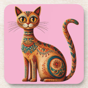 Boho Tribale Kat Cute Volkskunst met Bloemen Bier Onderzetter