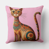 Boho Tribale Kat Cute Volkskunst met Bloemen Kussen (Achterkant)