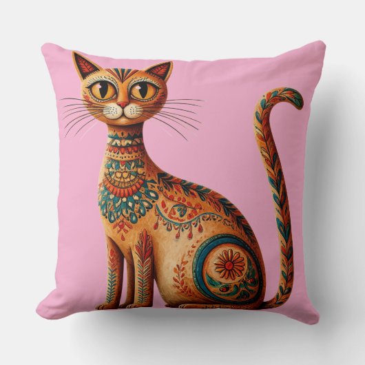 Boho Tribale Kat Cute Volkskunst met Bloemen Kussen (Voorkant)
