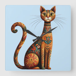 Boho Tribale Kat Cute Volkskunst met Bloemen Vierkante Klok