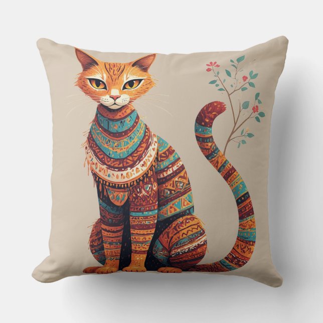 Boho Tribale Kat Illustratie Cute Folk Art Design Kussen (Voorkant)