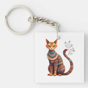 Boho Tribale Kat Illustratie Cute Folk Art Design Sleutelhanger