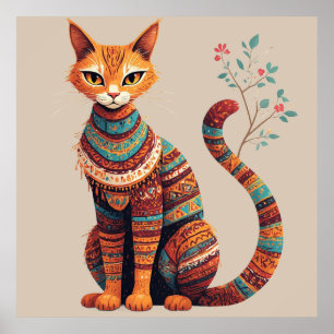 Boho Tribale Kat Illustratie Cute Folk Art Ontwerp Poster