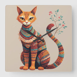 Boho Tribale Kat Illustratie Cute Folk Art Ontwerp Vierkante Klok