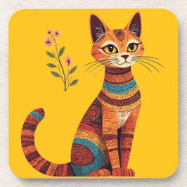 Boho Tribale Kat Schattige Volkskunst met Bloemen Bier Onderzetter