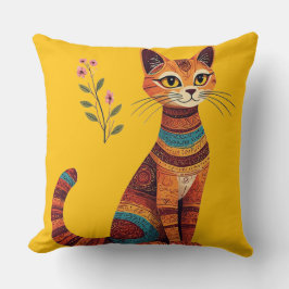 Boho Tribale Kat Schattige Volkskunst met Bloemen Kussen