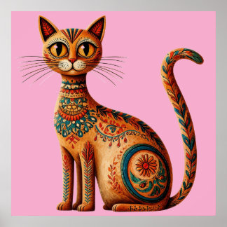 Boho Tribale Kat Schattige Volkskunst met Bloemen Poster