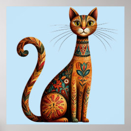 Boho Tribale Kat Schattige Volkskunst met Bloemen Poster