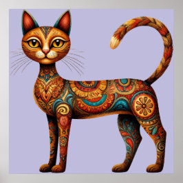 Boho Tribale Kat Schattige Volkskunst met Bloemen Poster