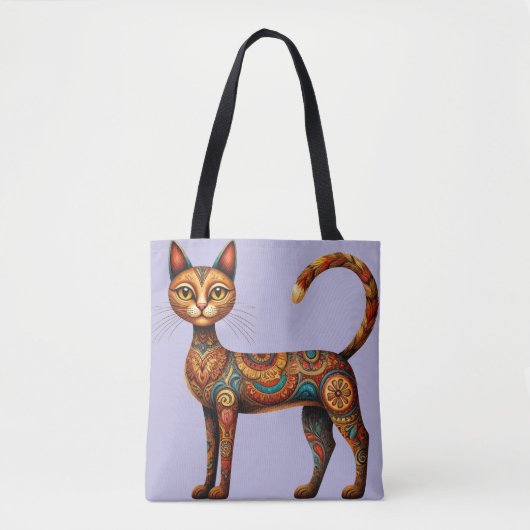 Boho Tribale Kat Schattige Volkskunst met Bloemen Tote Bag (Voorkant)