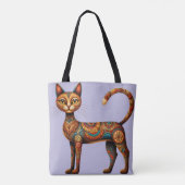 Boho Tribale Kat Schattige Volkskunst met Bloemen Tote Bag (Achterkant)