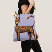 Boho Tribale Kat Schattige Volkskunst met Bloemen Tote Bag (Dichtbij)