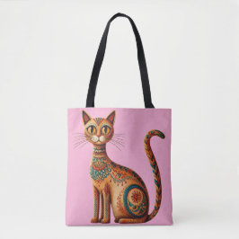 Boho Tribale Kat Schattige Volkskunst met Bloemen Tote Bag