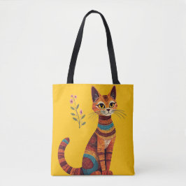 Boho Tribale Kat Schattige Volkskunst met Bloemen Tote Bag