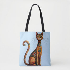 Boho Tribale Kat Schattige Volkskunst met Bloemen Tote Bag
