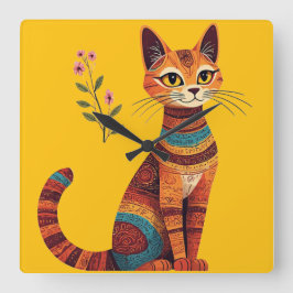 Boho Tribale Kat Schattige Volkskunst met Bloemen Vierkante Klok