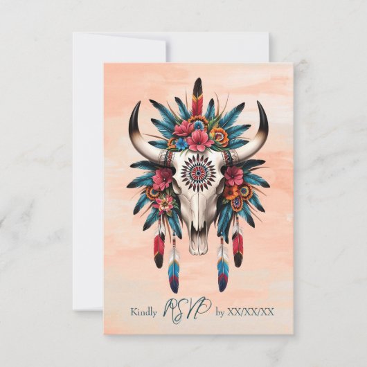 Boho Tribale Waterverf Bloemige Koeienschedel Brui RSVP Kaartje (Voorkant)