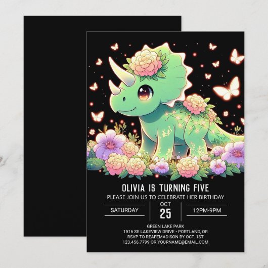 Boho Triceratops Dinosaurus Digitale Verjaardag Kaart (Voorkant / Achterkant)