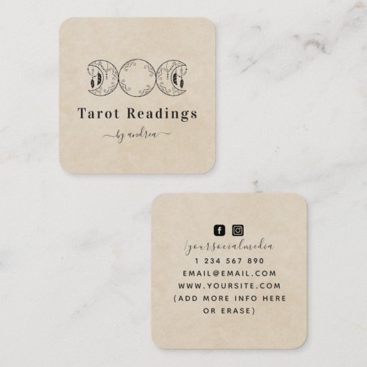 Boho Triple Moon Beige Sand Celestial Tarot Reader Vierkante Visitekaartje (Voorkant / Achterkant)