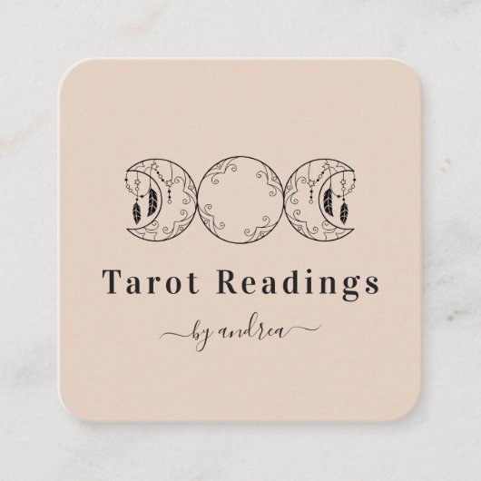 Boho Triple Moon & Feathers Beige Energy Healer Vierkante Visitekaartje (Voorkant)