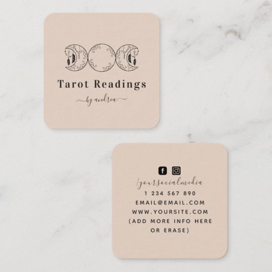 Boho Triple Moon & Feathers Beige Energy Healer Vierkante Visitekaartje (Voorkant / Achterkant)