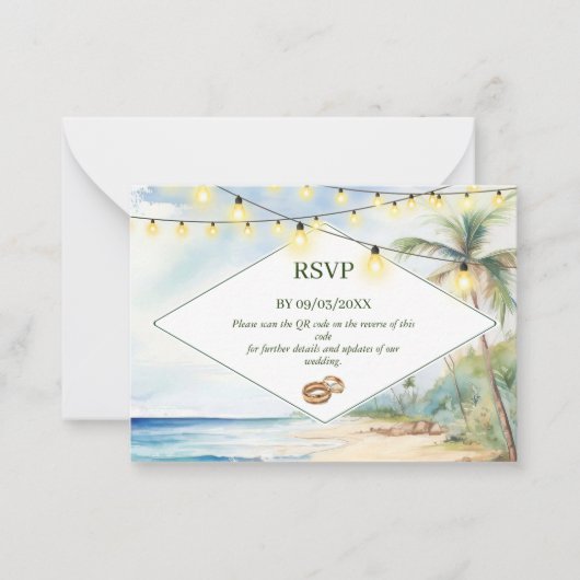 Boho Tropical Beach QR Code RSVP Bruiloft Notitiekaartje (Voorkant)