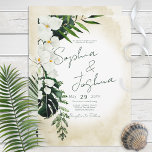 Boho Tropical Beach Waterverf Wedding Invitation Kaart<br><div class="desc">Dit ontwerp is voorzien van mooie,  zachte tropische groen en witte floralen op een zacht gele achtergrond van de waterverf. Ideaal voor de bestemming of strandbruiloft. Creëer door Simply Farmhouse Press.</div>