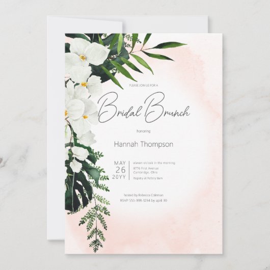 Boho Tropical Blush Perzik Waterverf Bruidsbrunch Kaart (Voorkant)