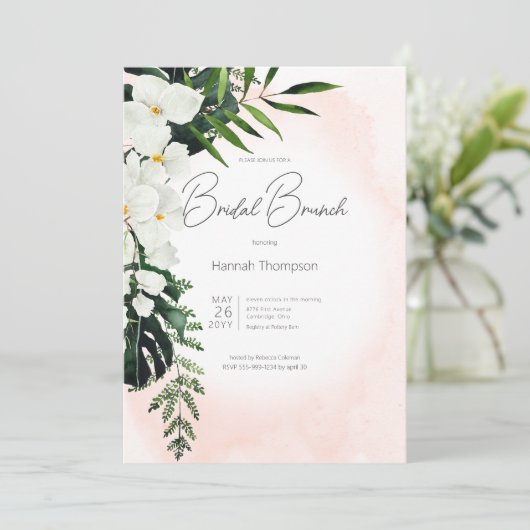 Boho Tropical Blush Perzik Waterverf Bruidsbrunch Kaart (Staand voorkant)