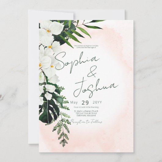 Boho Tropical Blush Waterverf Wedding Invitation Kaart (Voorkant)