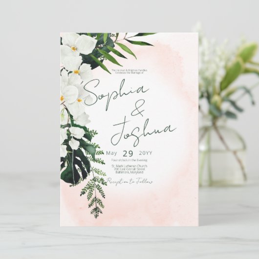 Boho Tropical Blush Waterverf Wedding Invitation Kaart (Staand voorkant)
