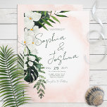 Boho Tropical Blush Waterverf Wedding Invitation Kaart<br><div class="desc">Dit ontwerp is voorzien van mooie,  zachte tropische groen en witte floralen op een zachte perzikzwarte waterverf achtergrond. Ideaal voor de bestemming of strandbruiloft. Creëer door Simply Farmhouse Press.</div>