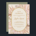Boho Tropical Botanical | Green Let's Celebrate Kaart<br><div class="desc">Deze boho tropische botanische | De groene uitnodiging voor het vieren van de feestdag is perfect voor je elegante roestachtige florale, groene, perzikse, roos goudfeest. Het ontwerp is voorzien van een gouden lijst of bouquet met een modern, roze, roze pamapgras, eenvoudig sage, ivoor, champagnepalmblad en klassieke strandgroen. De bloemen kunnen...</div>