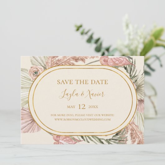 Boho Tropical Botanical | Olijfgroen horizontaal Save The Date (Staand voorkant)