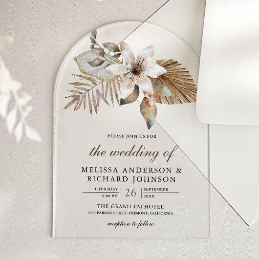 Boho Tropical Dried Palm Floral Wedding Acryl Uitnodigingen