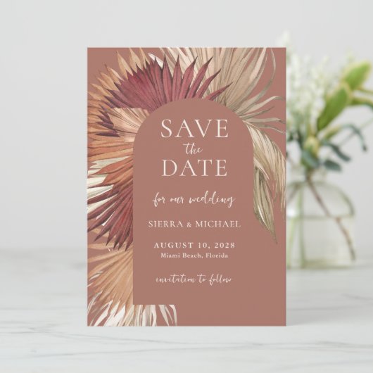 Boho Tropical Fan Palms Bruiloft Save the Date (Staand voorkant)